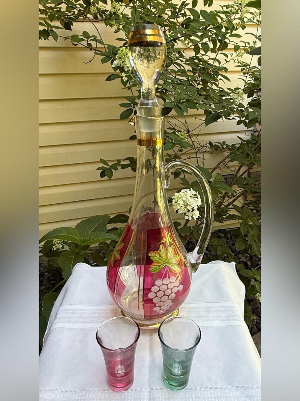 Vintage Hand Painted Beautiful Glass Wine  Decanter Carafe & 2-Shot Set 12”x4”